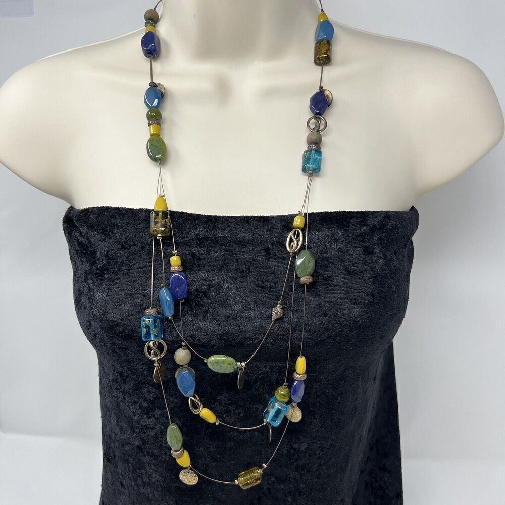 Chico's Necklace Earth Tones Tribal Glass Bead Boho  Layers Long Line Adjustable